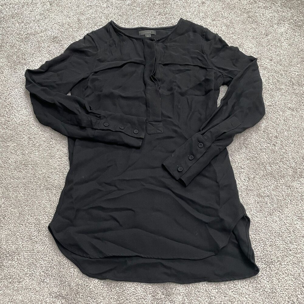J.Crew Crepe Popover Blouse Womens 00 Black Half Button Up Lon g Sleeve Classic